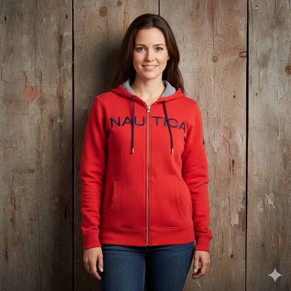 Nautica Red Full-Zip Hoodie Sweatshirt XS Embroidered Logo Striped Hoodie - Picture 1 of 5